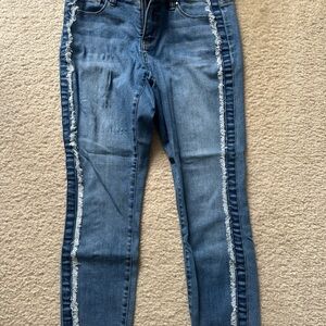 Women's Blue Frayed-Stripe Skinny Jeans
